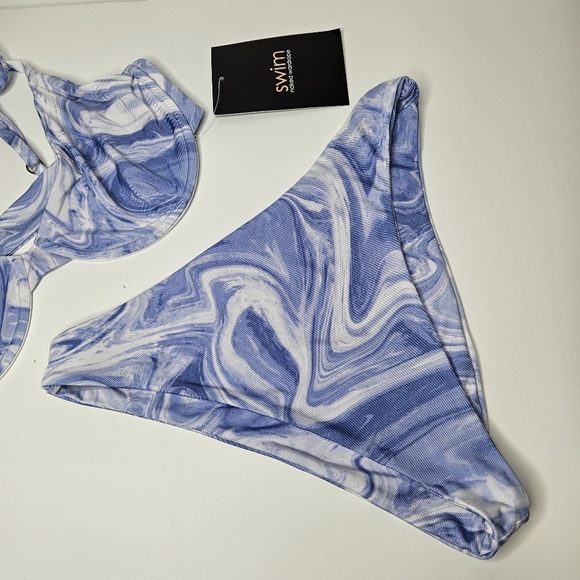 Naked Wardrobe Swim Marbled Smoked Blue 2 pc Wired Bra High Wasted Bottom sz L​ - Picture 5 of 8